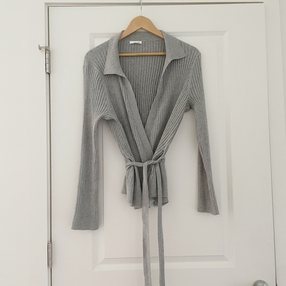 Skin Marilynne Ribbed Cardigan Cotton Cashmere Belted Gray - Picture 6 of 12